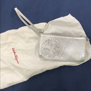 Silver Ferragamo wristlet/clutch evening bag